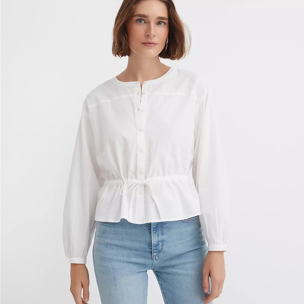 NEW Loft | 100% Cotton White Button-Up Embroidered Peplum Top